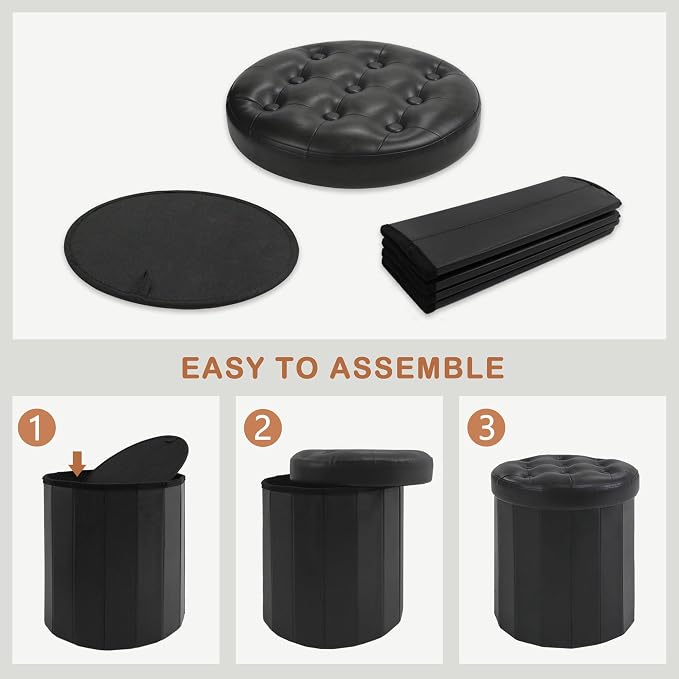 CAROLMADE Round Storage Ottoman,PU Leather Folding Footrest Stool with Thicker Foam Padded Seat,Versatile Vanity Stool for Living Room,Bedroom or Dorm,Black