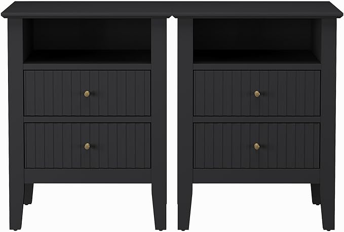 RoyalCraft Black Fluted Nightstand Set of 2, Colorful Nightstand with 2 Drawers, Modern Wooden End Table with Storage for Small Spaces, Side Table for Bedroom, Couch, Home Office
