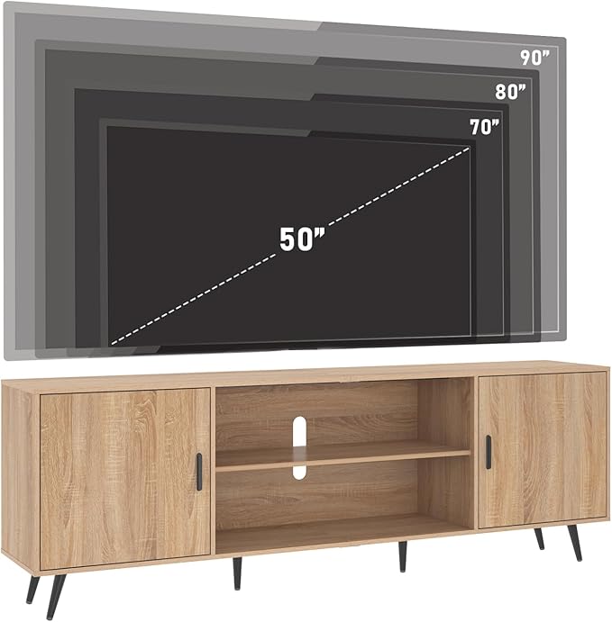 80 Inch Mid Century Modern TV Stand for 75 Inch TV, Wood TV Stand with Storage, Entertainment Center for Living Room Bedroom, TV Media Console, Oak