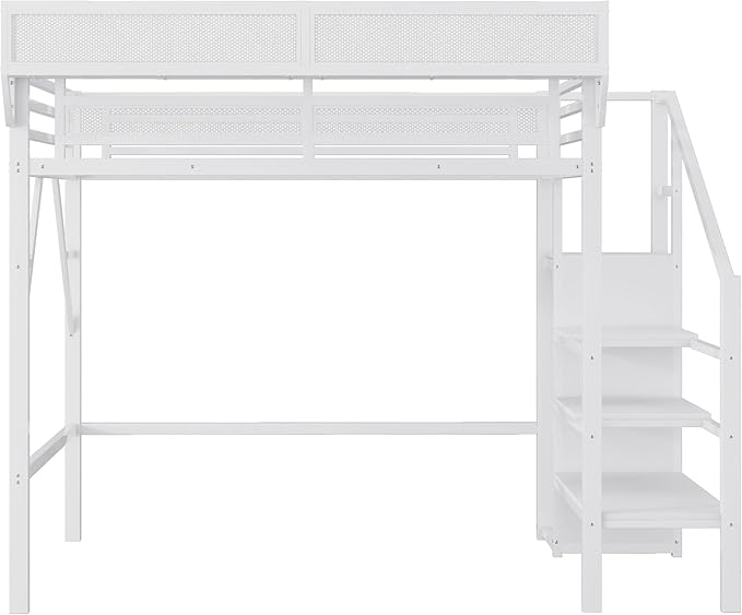 KEIKI Twin Size Metal Loft Bed Frame with Convertible Staircase, Built-in Storage Shelves & Wardrobe, Loft Bed with Solid Slats & Guardrail, No Box Spring Required, Easy Assembly, for Bedroom, White