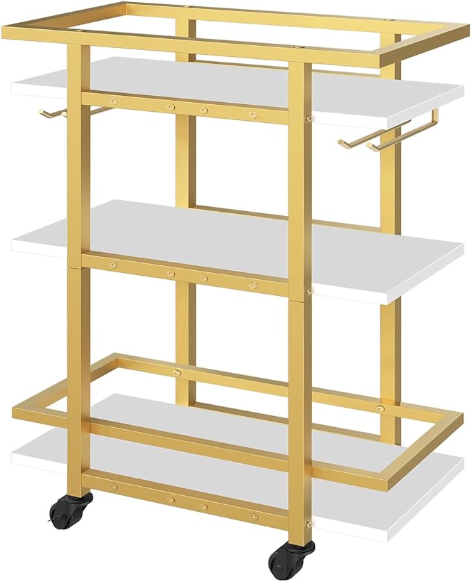 YATINEY 3 Tier Bar Cart, Home Bar Serving Cart with Wheels, Drink Cart with Glass Holder, Beverage Cart, Mobile Kitchen Cart, for Home, Garden, Party, Gold BC19DW