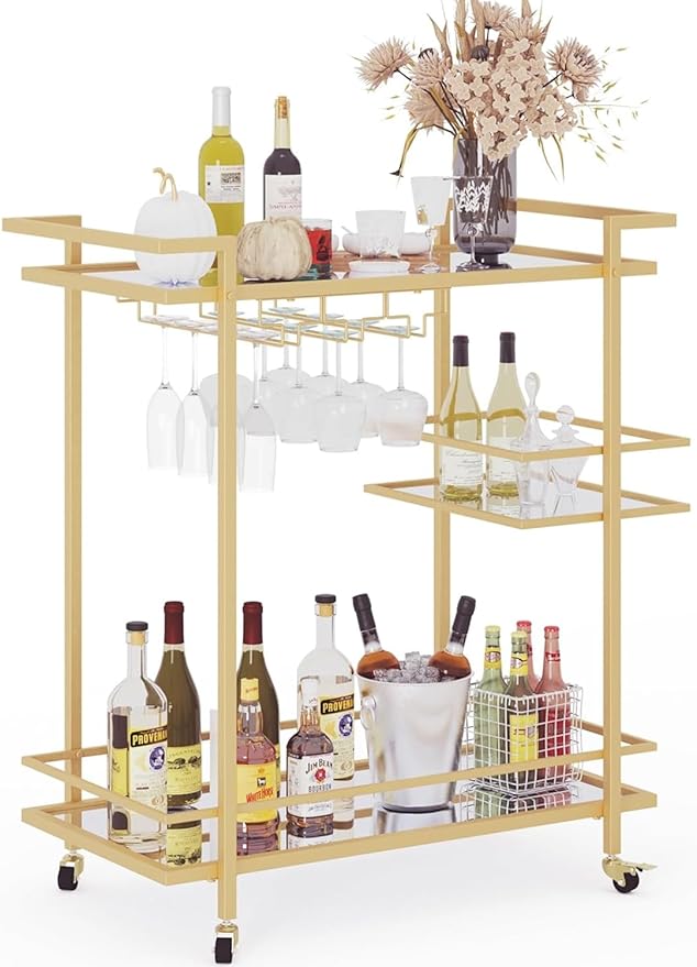 Gold Home Bar Cart, 2-Tier Glass Shelves Rolling Wine Cart with Wheels and Wine Holders, Modern Mobile Serving Trolley for Living Room Dining Room