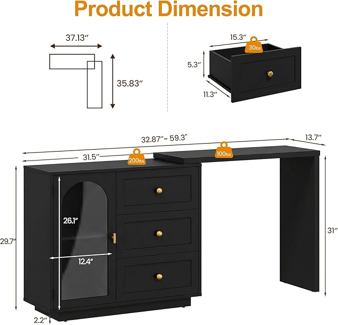 RoyalCraft 59" Makeup Vanity Desk, Black Vanity Dresser, L Shaped Corner Vanity Table with 3 Drawer & 1 Door, Modern Extendable Dressing Table for Bedroom, Dressing Room, Small Space (Without Mirror)