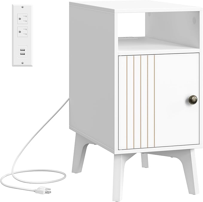 VASAGLE MAEZO Collection - End Table with Charging Station, Narrow Side Table, Nightstand with Tapered Legs, Curved Transitions, for Small Spaces, Living Room, Bedroom, Cloud White ULET329W101S
