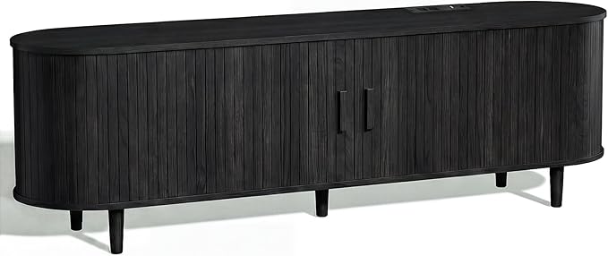 65" Mid Century Modern TV Stand, Wood TV Consoles with Sliding Doors and Power Outlet, Fluted Entertainment Center with Adjustable Shelves, Media Console for Living Room, Black