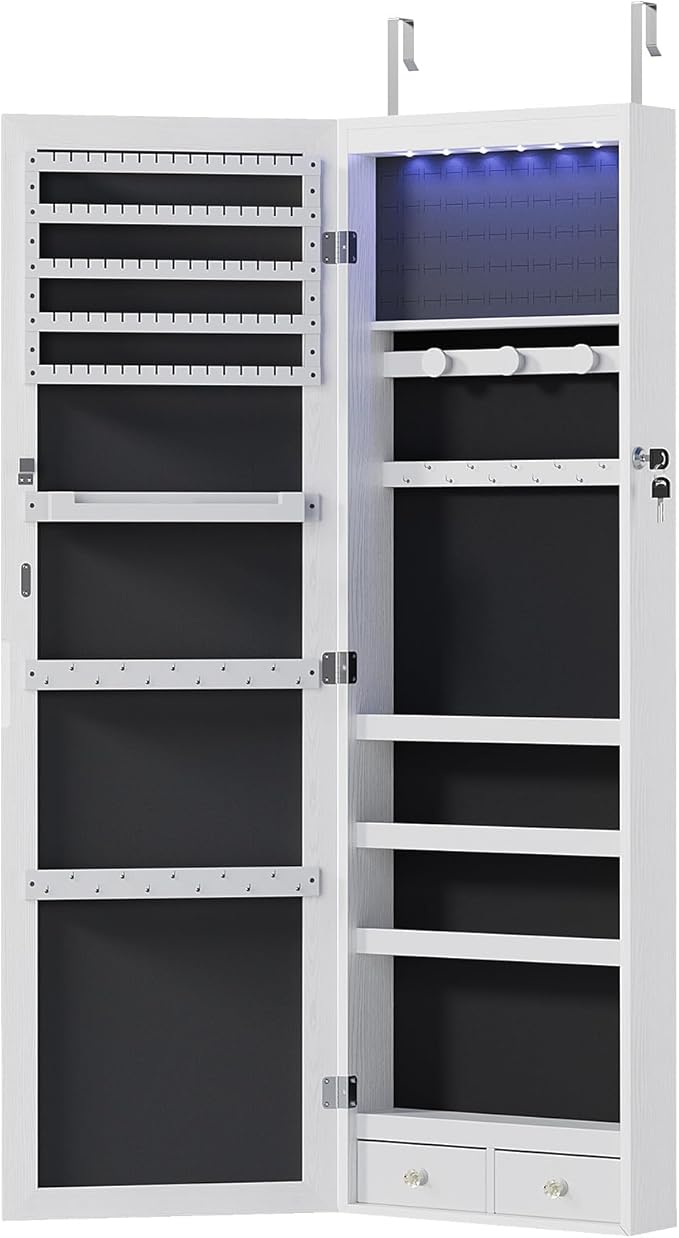 Elevon 6 LEDs Jewelry Cabinet Organizer, 47.2-inch Jewelry Armoire with Full-Length Mirror, Wall or Door Mounted Jewelry Storage, Lockable Large Capacity Storage, White