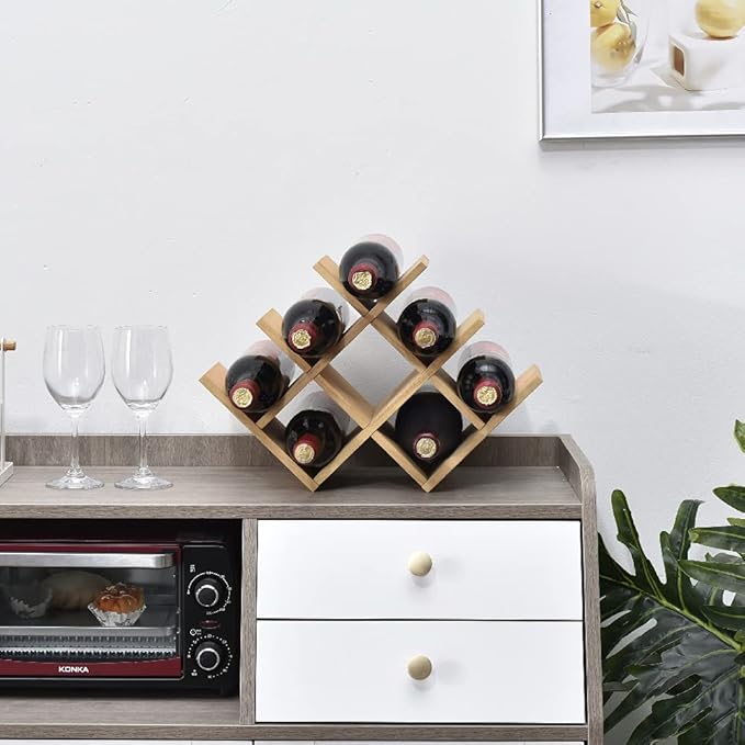 KIRIGEN Wooden 8-Bottle Wine Rack, 3-Tier Countertop Wine Bottle Holder for Cabinets, Bar Cart, Kitchen Counter, Pantry, Dining Room, Wood Stain, 16.73 x 5.91 x 11.14 in, XHJJ3-NA