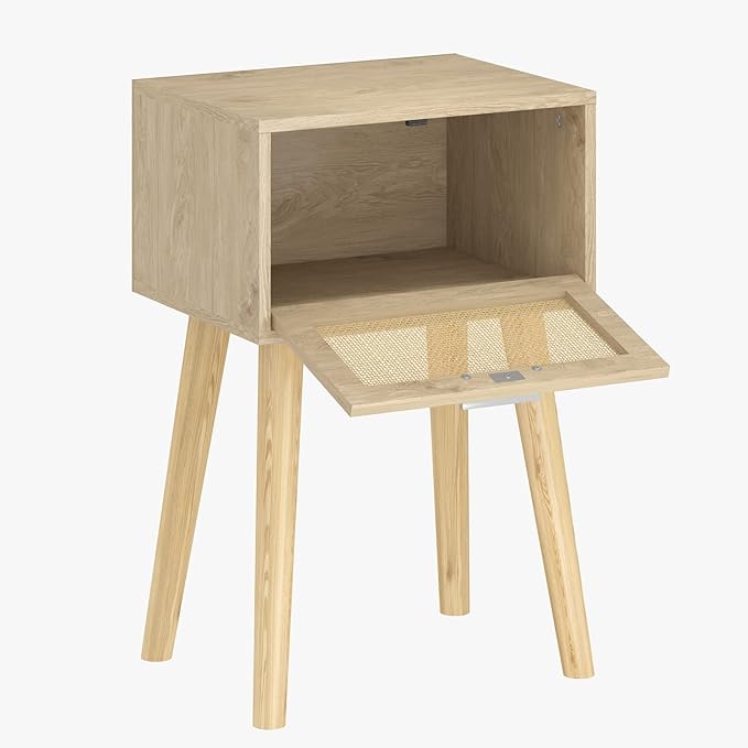 LAATOOREE Nightstand Set of 2, Small Bedside Table, Boho Side End Table, Rattan Door, Solid Wood Feet for Bedroom and Living Room