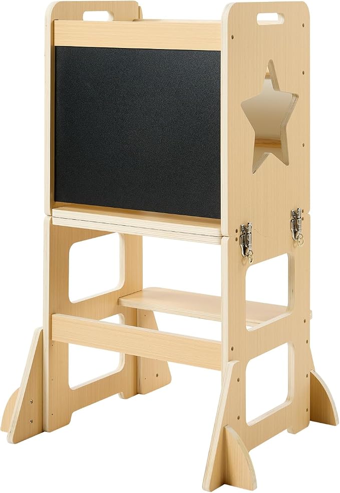 VEVOR 4-in-1 Toddler Kitchen Step Stool, Foldable Learning Standing Tower with Blackboard & Whiteboard, Wooden Kitchen Stool Helper with Detachable Stool, Montessori Table and Chair Set for Ages 1-3