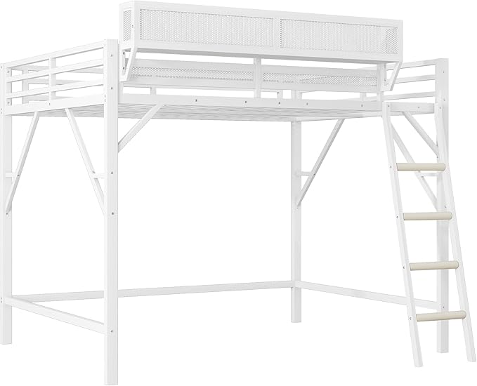 KEIKI Queen Size Metal Loft Bed Frame with Ladder and Built-in Storage Shelves, for Teens, Modern Style Loft Bed with Solid Slats, Guardrail, No Box Spring Required, Easy Assembly, for Bedroom, White