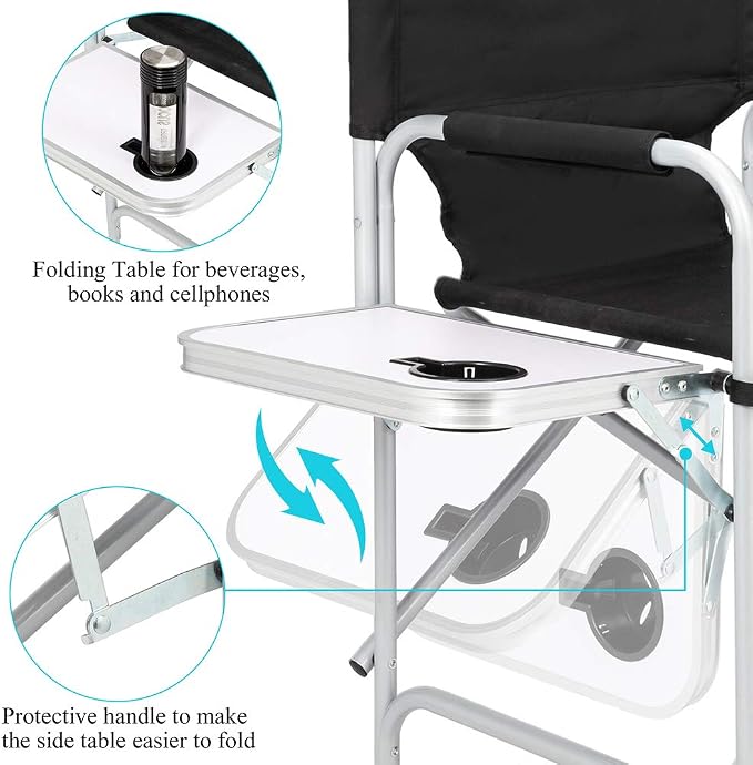 Tall Directors Chair Foldable, Portable Makeup Artist Chair Heavy Duty with Side Table Storage Bag Footrest, Folding Chair for Camping and Golf Course, Supports 400lbs