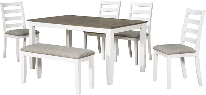 Harper & Bright Designs Rustic Style 6-Piece Dining Room Table Set with 4 Upholstered Chairs & a Bench (Brown + Whitewash)
