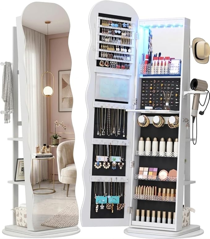 Vlsrka 360° Swivel Jewelry Aromire with Wavy Mirror, Lockable Jewelry Organizer Mirror Full Length, Rotatable Standing Mirror with Storage, Jewelry Cabinet, Interior Mirror, Flodable Shelf, White