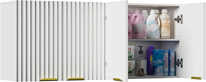 ChooChoo 4 Doors Wall Cabinet Laundry Room, Bathroom Wall Cabinet with Adjustable Shelf, Fluted Wall-Mounted Medicine Cabinet, Storage Cabinet for Kitchen, Garage, White