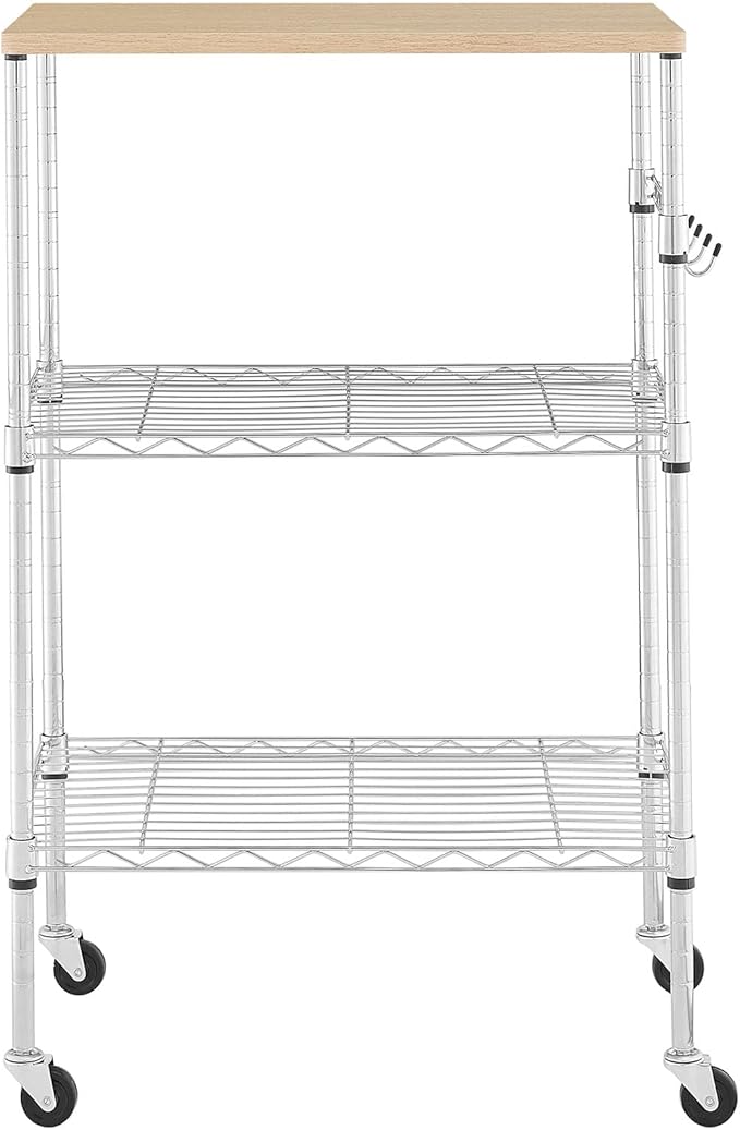 BolDuck 450Lbs Capacity Microwave Cart with Wheels, 3 Tier Rolling Cart with Adjustable Shelves, Multifunctional Metal Utility Storage Kitchen Carts on Wheels, 23.6" L*15.7" W*37" H, Wood+Chrome