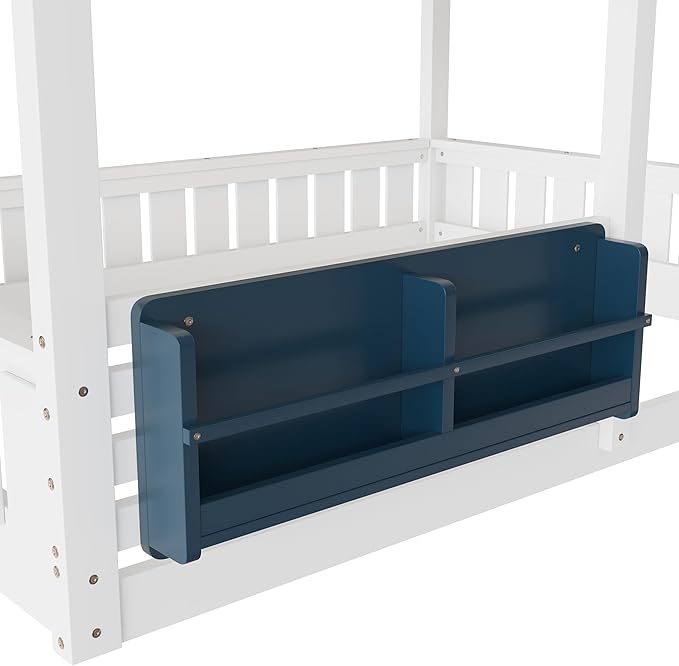 Full Size House Bunk Bed Frame with Storage Bookshelf, Window, Wooden Floor Bunk Bed with Fences, Space Saving for Kids Adults, No Noise, White