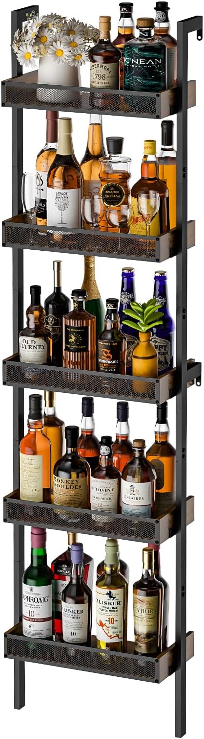 5-Tier Freestanding Wine Racks: 50 Bottles Wine Rack Shelf Wall Mounted with Fences, Wines Bottle Holder Display Shelf, Liquor Storage for Kitchen, Dining Room, Bar, Wood, 17.28''L x 7.95''W x 68.5''H