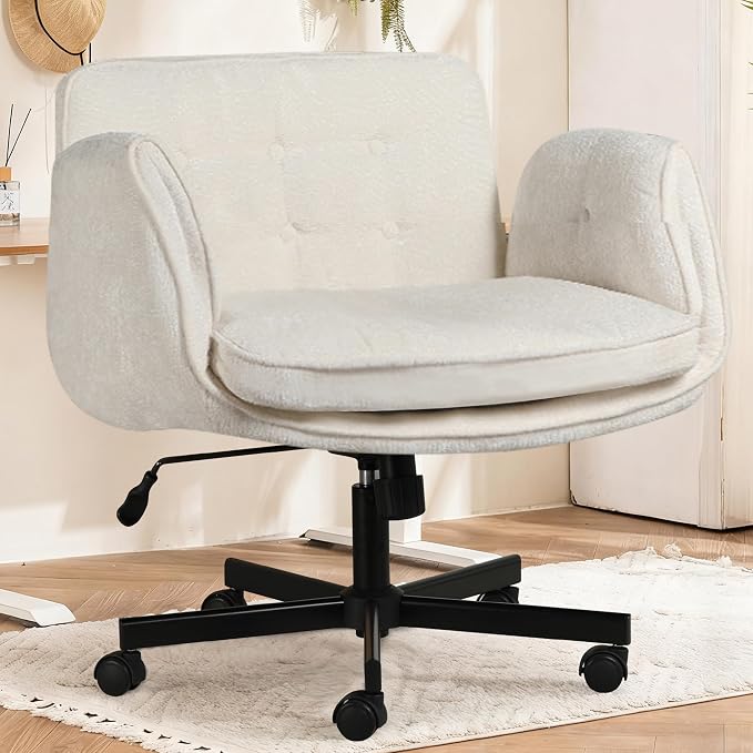 Criss Cross Chair with Wheels & Arms, Chenille Cross Legged Office Chair with 5-level Folding Armrest, Comfortable Adjustable Swivel Vanity Chair for Home, Make Up, Bed Room, Office, Accent (White)