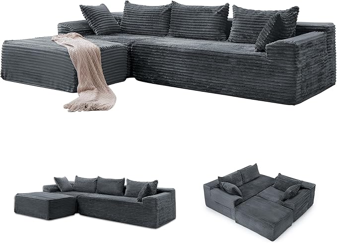 Korser 110" L-Shaped Modular Sectional Sofa with Chaise, Boneless Comfy Corduroy Fluffy Couch with Deep Seat and Side Pockets, Flexible Module Combination for Living Room, No Assembly, Side Pockets