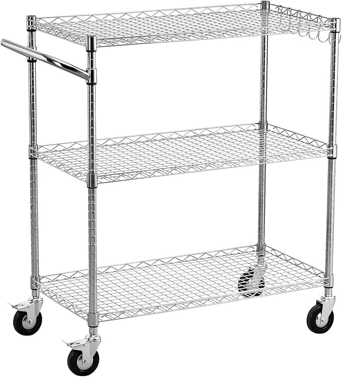 VEVOR Kitchen Utility Cart, 3 Tier Heavy Duty Adjustable Wire Storage Rack, Commercial Steel Rolling Service Trolley on Wheels, Work Table with Handle Bar, for Garage and Laundry Room, 35x17.8x40.9 in