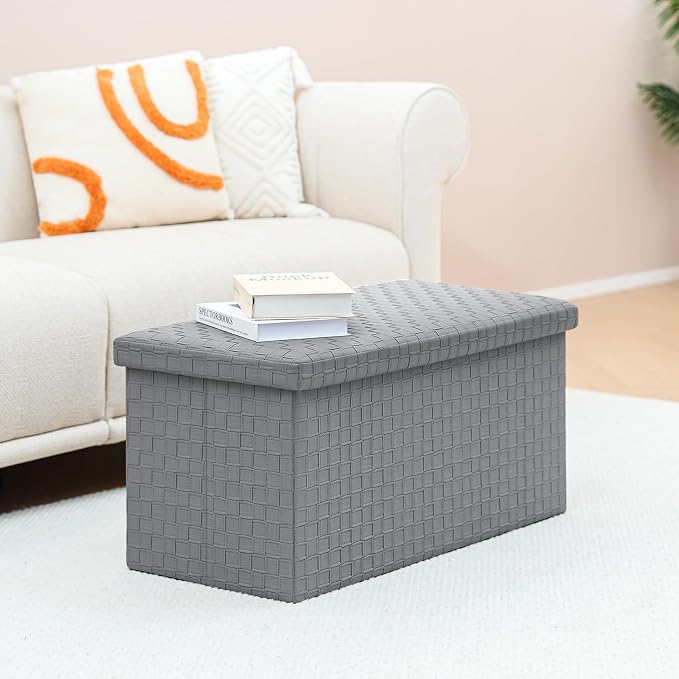 B FSOBEIIALEO Folding Storage Ottoman, Faux Leather Footrest Seat Long Bench Storage Box Chest, Grey 30"x15"x15"