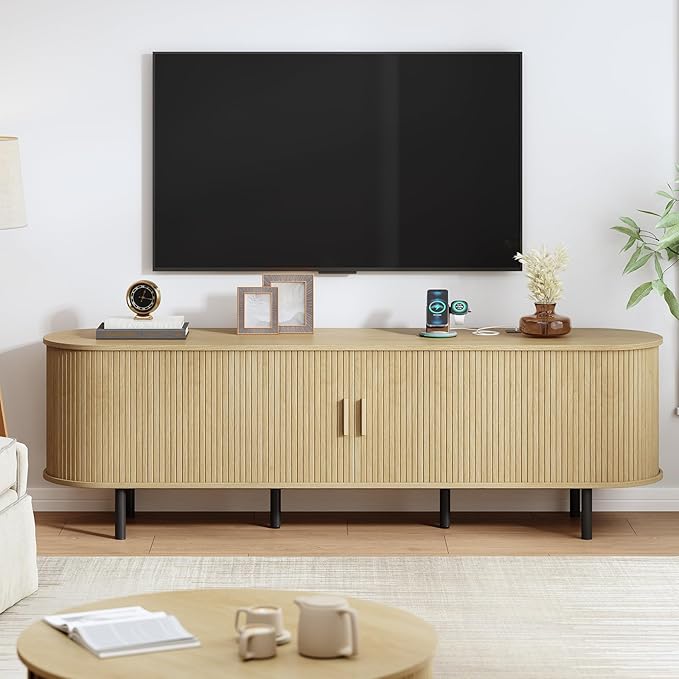 70.8" TV Stand with Power Outlet, Mid-Century Modern Television Stand, Fluted Media Console with Sliding Doors, Entertainment Center for TVs up to 60 Inch, Adjustable Shelves, Oak