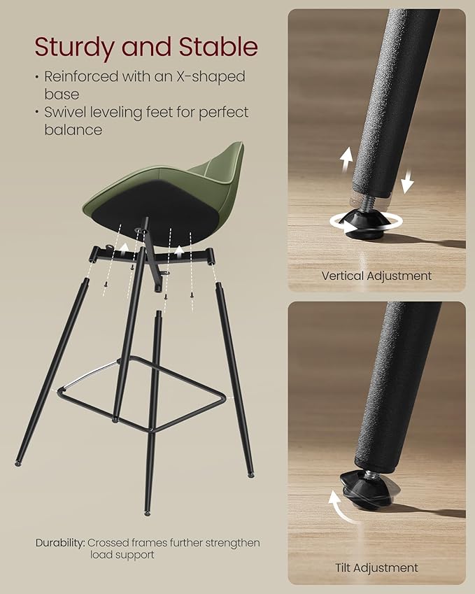 VASAGLE Bar Stools Set of 4, Bar Height Bar Stools with Back, Ergonomic Backrest, Synthetic Leather, Metal Legs, 28.5-Inch Tall Barstools for Kitchen Island Home Bar, Easy Assembly, Forest Green