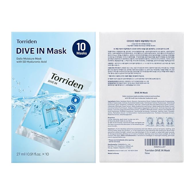 Torriden DIVE IN Hyaluronic Acid Facial Mask (10 sheets) | Deep Hydration Korean Face Sheet Mask | Panthenol & Allantoin | Korean Skincare Mask