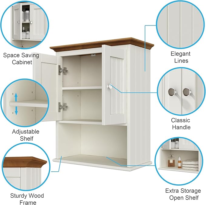 Treocho Wood Wall Cabinet, Bathroom Medicine Cabinet Storage with Doors and Adjustable Shelf, Rustic Cabinet Wall Mounted for Bathroom, Living Room, Kitchen, White & Brown