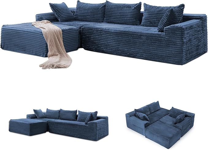Korser 110" L-Shaped Modular Sectional Sofa with Chaise, Boneless Comfy Corduroy Fluffy Couch with Deep Seat and Side Pockets, Flexible Module Combination for Living Room, No Assembly, Side Pockets