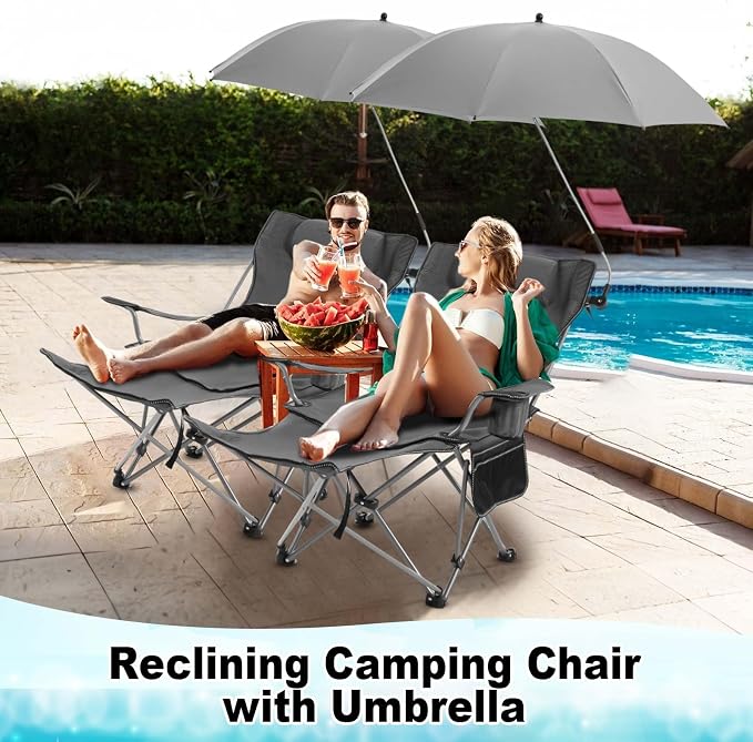 Yuntau 2 Set Reclining Beach Chairs with UPF 50+ Umbrellas Shade, Upgraded Heavy Duty Portable Folding Lounge Camping Chair with Canopy Removable Footrest & Headrest for Outdoor Patio(Grey)