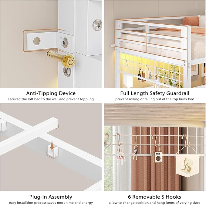 VIAGDO Bunk Bed Twin Over Twin with Hall Tree, Charging Station and LED Lights, L-Shaped Bunk Bed with Desk, 5 Storage Drawers, Twin Bunk Beds with Guardrail & Stairs, No Box Spring Needed, White