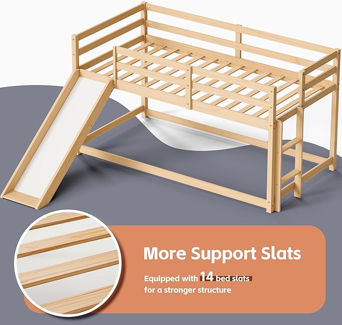 TOLEAD Low Bunk Bed with Slide, Floor Loft Bed with Climbing Ladder, Wood Twin Bunk Bed Frame with Full Guardrails & Storage Space for Kids Toddler