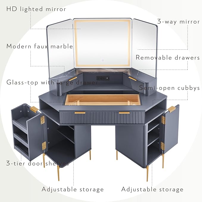 T4TREAM Corner Vanity Desk with Mirror and Lights, 48" Modern Fluted Makeup Vanity with Glass Top, 3-Panel Lighted Mirror & Charging Outlet, Dressing Table with 3 Drawers & 2 Cabinets, Dark Grey