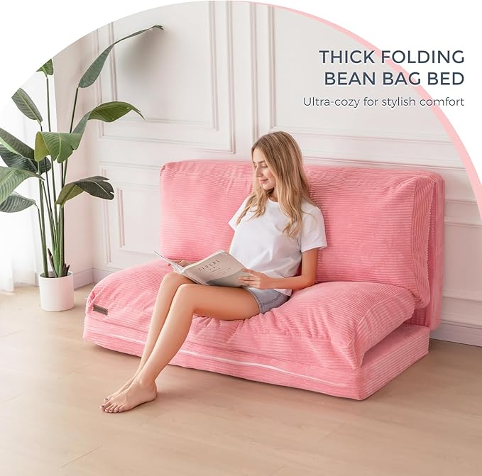 MAXYOYO Folding Sofa Bed, Extra Thick and Long Floor Sofa Convertible Sleeper Chair with Washable Cover, Floor Couch Lounge Bean Bag Bed for Living Room, Pink, 39x95 Inch