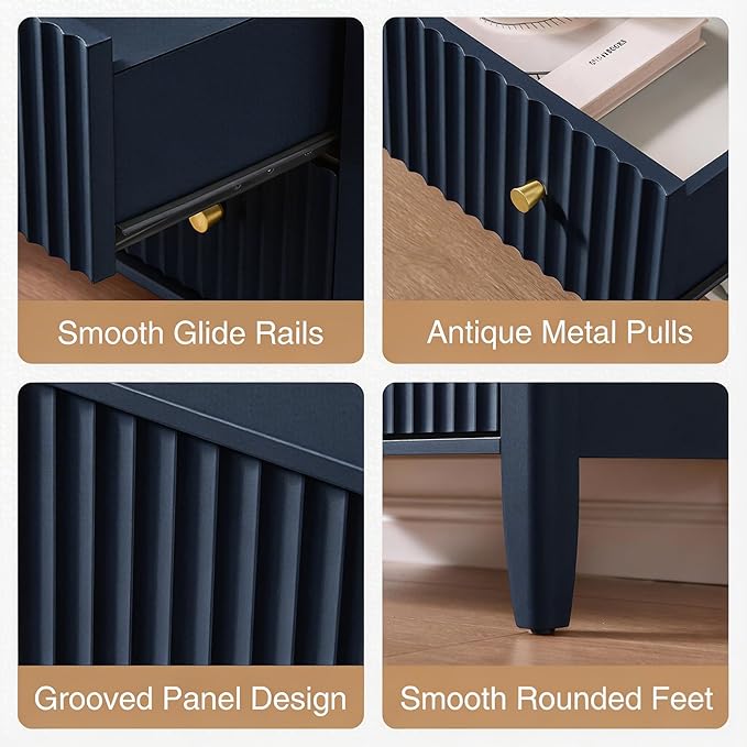 Fluted Nightstand with Charging Station Set of 2, 27.3" Tall Modern Bedside Table with 2 Drawers & Open Shelf, Large Wide Wood End Table with Storage & Metal Handle for Bedroom, Blue