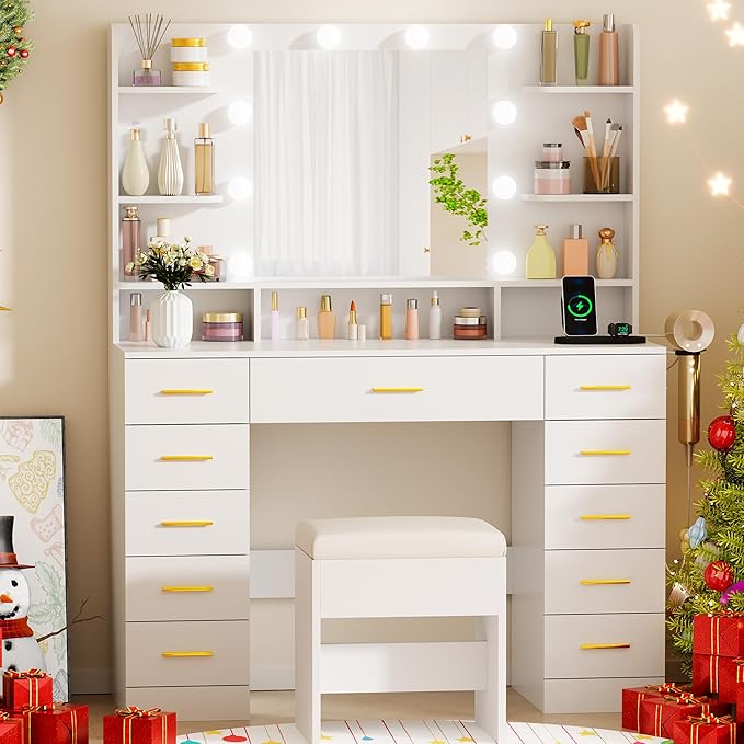 BEWISHOME Vanity Desk with Mirror and Lights,Makeup Vanity Table with Power Outlet,3 Color Modes,White Vanity Set with 11 Drawers,6 Open Shelves and Storage Stool,Dressing Table for Bedroom FST50W