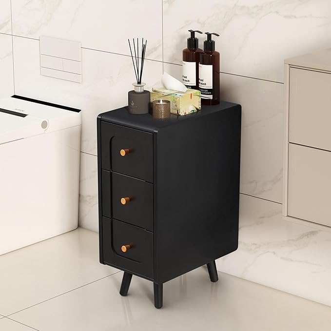 Narrow Nightstands with 3 Drawers, Wooden Farmhouse Bedside Tables, Slim End Tables with Storage, Small Night Stand for Bedroom, Living Room, Small Spaces