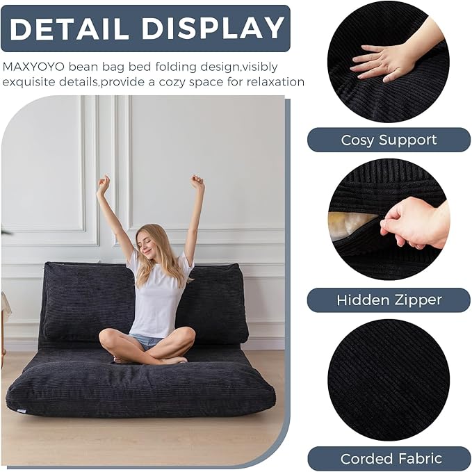 MAXYOYO Folding Sofa Bed, Extra Thick and Long Floor Sofa Convertible Sleeper Chair with Washable Cover, Floor Couch Lounge Bean Bag Bed for Living Room, Black, 30"x95"