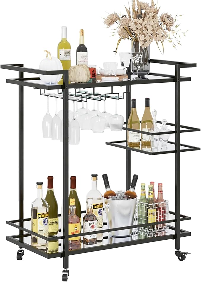 Black Bar Cart, 2-Tier Glass Shelves Rolling Serving Cart with Wheels, Modern Mobile Home Bar Trolley for Kitchen, Living Room, and Dining Room