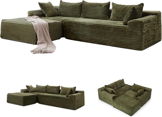 Korser 110" L-Shaped Modular Sectional Sofa with Chaise, Boneless Comfy Corduroy Fluffy Couch with Deep Seat and Side Pockets, Flexible Module Combination for Living Room, No Assembly, Side Pockets