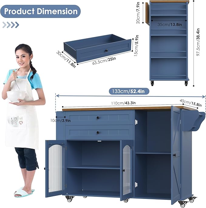 FINETONES Kitchen Island with Storage, Rolling Kitchen Island on Wheels with Wood Drop Leaf Countertop, Island Table Bar Cart with Spice Towel Rack Portable Kitchen Table Kitchen Carts on Wheels, Blue