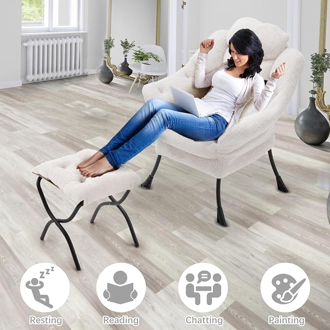 Lazy Chair with Folding Ottoman,Leisure Sofa Chair,Soft Fabric Armchair with Armrests and Side Pockets, Reading Chair with Footrest for Living Room, Bedroom, Office (Plush Beige)