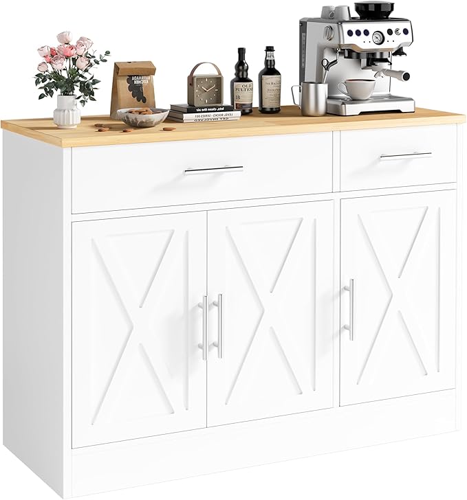 Vongrasig Buffet Cabinet with Storage, 43” Farmhouse Coffee Bar Cabinet with 3 Doors, Wood Buffet Table for Kitchen Dining Room Living Room, Off White