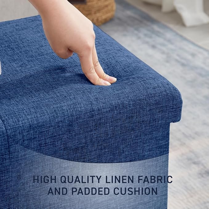 Ornavo Home Folding Storage Ottoman, 43 Inch Extra Large Storage Bench with Lid, Foot Rest Stool for Bedroom, Living Room, Entryway, Tufted Linen Upholstered - Navy Blue