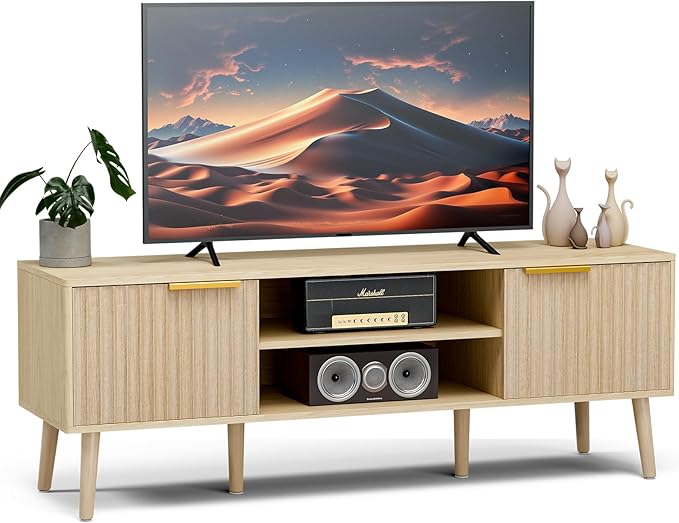 LCRBOL TV Stand for Living Room, Boho Entertainment Center for 55/60 inch TVs, Media Console with Fluted Door Cabinets and Open Shelves, for Bedroom, Oak