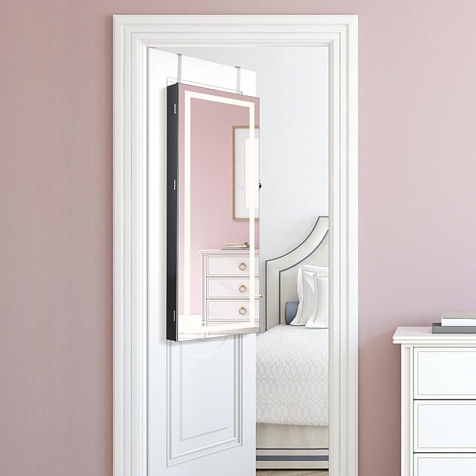 CHARMAID LED Mirror Jewelry Cabinet, Lockable Jewelry Armoire with Adjustable Lighted Full Length Mirror, 3 Lighting Sets, Wall Mounted Door Hanging Jewelry Storage Organizer (Black, 42.5''H)
