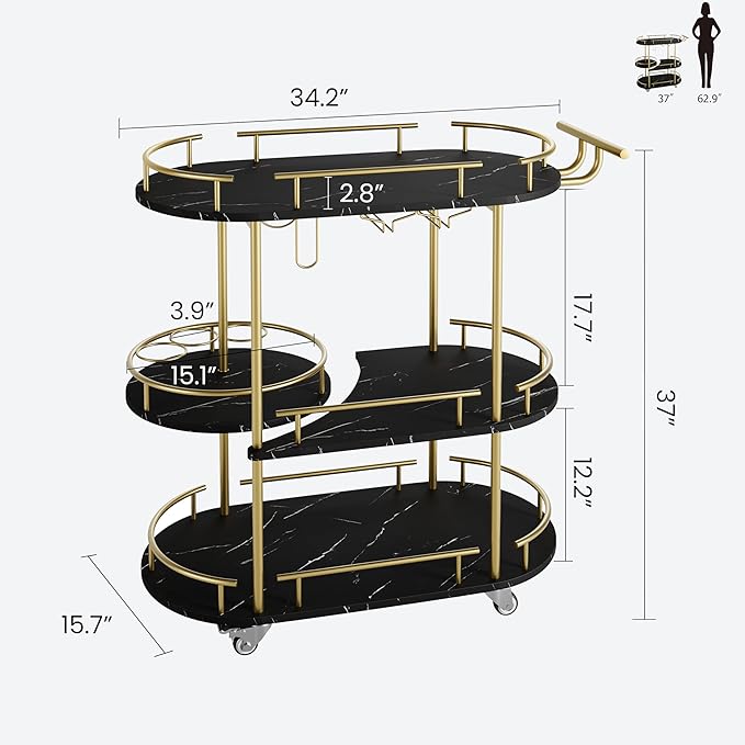 GarveeHome 3-Tier Bar Cart on Wheels, Mobile Serving Cart with Wine Rack and Glass Holder, Metal Kitchen Utility Cart for Coffee Station, Mini Home Bar, Dining Room - Gold+Black