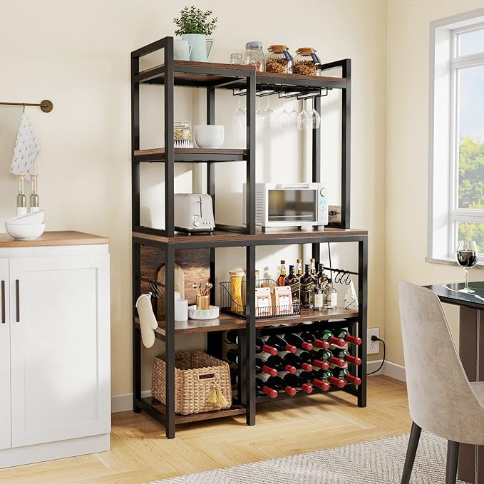 YITAHOME Kitchen Microwave Bakers Stand Wine Rack Coffee Bar Storage for Liquor Glasses Power Outlet Wine Rack Freestanding Floor Tall Farmhouse Shelf Dining Room Hutch 35 Inch Large, Rustic Brown