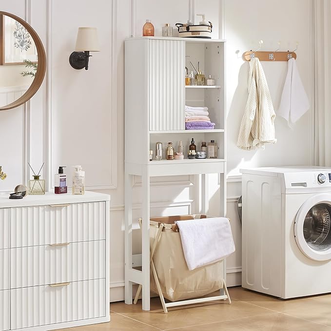 LEYAOYAO Fluted Over The Toilet Storage Cabinet, Farmhouse Over Toilet Bathroom Organizer with a Sliding Door, 68" Tall Freestanding Washer Shelf with Adjustable Shelf & Curved Profile,White